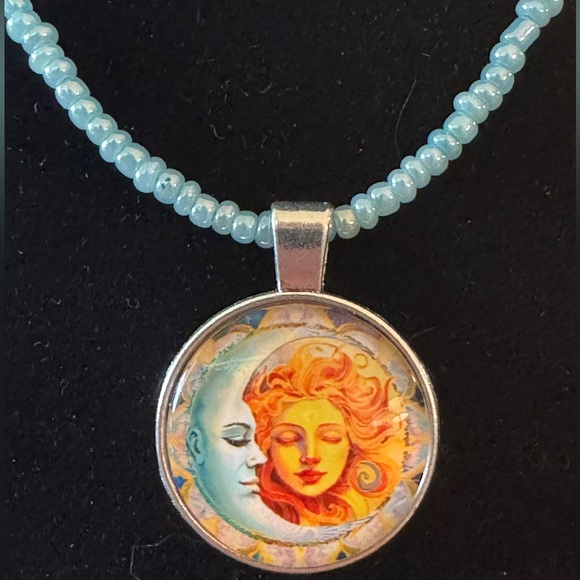 Moon Goddess & Blue Moon Cabochon Silver tone Pendant on Blue Beaded Necklace - Picture 2 of 7